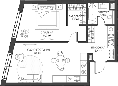 Планировка — СВЕТ, 2-комн., 48 м²