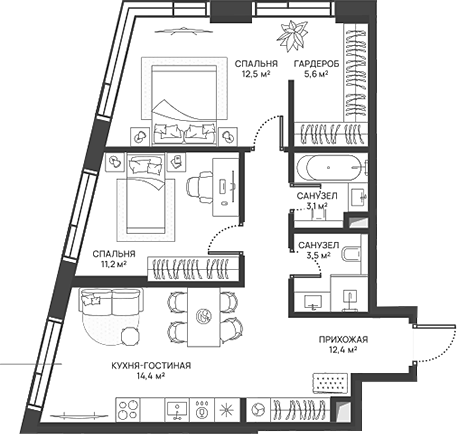Планировка — СВЕТ, 3-комн., 63 м²