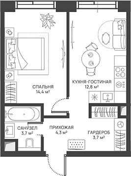 Планировка — СВЕТ, 2-комн., 39 м²