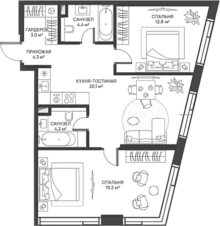 Планировка — СВЕТ, 3-комн., 68 м²