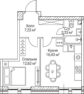 Планировка — СЕЗАР СИТИ, 1-комн., 40 м²