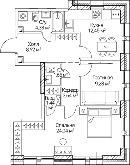 Планировка — СЕЗАР СИТИ, 2-комн., 66 м²
