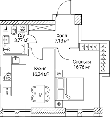 Планировка — СЕЗАР СИТИ, 1-комн., 44 м²