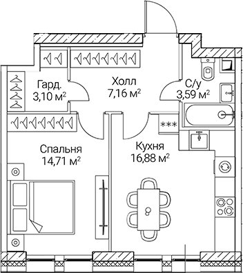 Планировка — СЕЗАР СИТИ, 1-комн., 45 м²