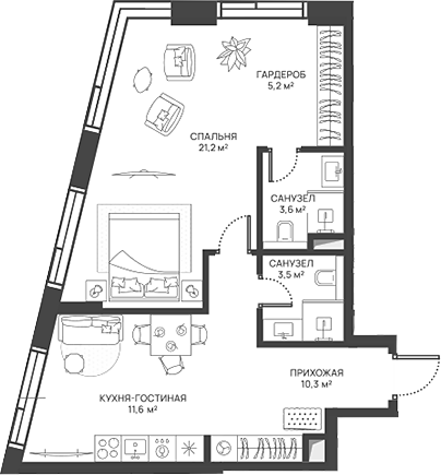 Планировка — СВЕТ, 2-комн., 55 м²
