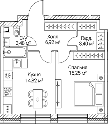 Планировка — СЕЗАР СИТИ, 1-комн., 44 м²