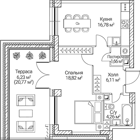 Планировка — СЕЗАР СИТИ, 1-комн., 48 м²
