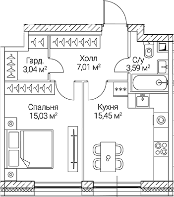 Планировка — СЕЗАР СИТИ, 1-комн., 44 м²