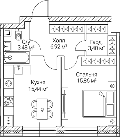 Планировка — СЕЗАР СИТИ, 1-комн., 45 м²