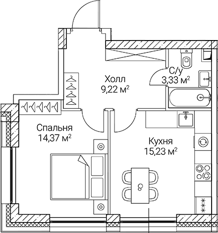 Планировка — СЕЗАР СИТИ, 1-комн., 42 м²