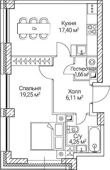 Планировка — СЕЗАР СИТИ, 1-комн., 49 м²