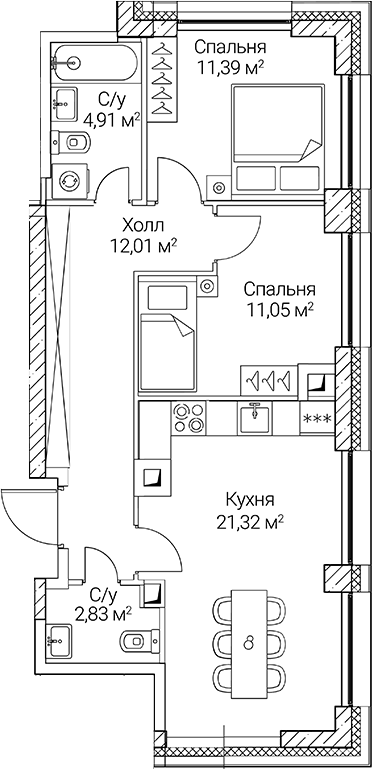 Планировка — СЕЗАР СИТИ, 3-комн., 64 м²