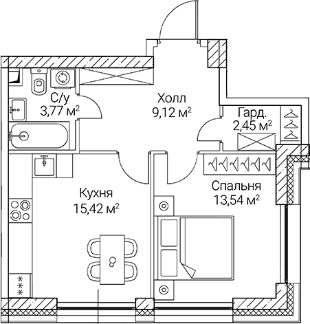 Планировка — СЕЗАР СИТИ, 1-комн., 44 м²