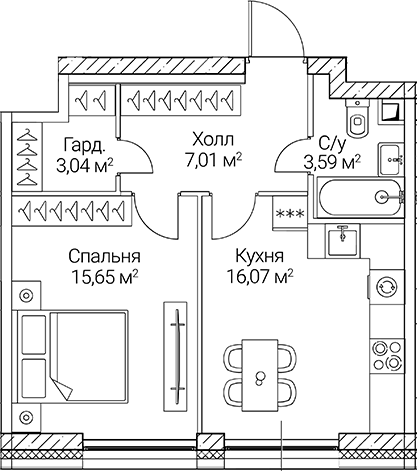 Планировка — СЕЗАР СИТИ, 1-комн., 45 м²