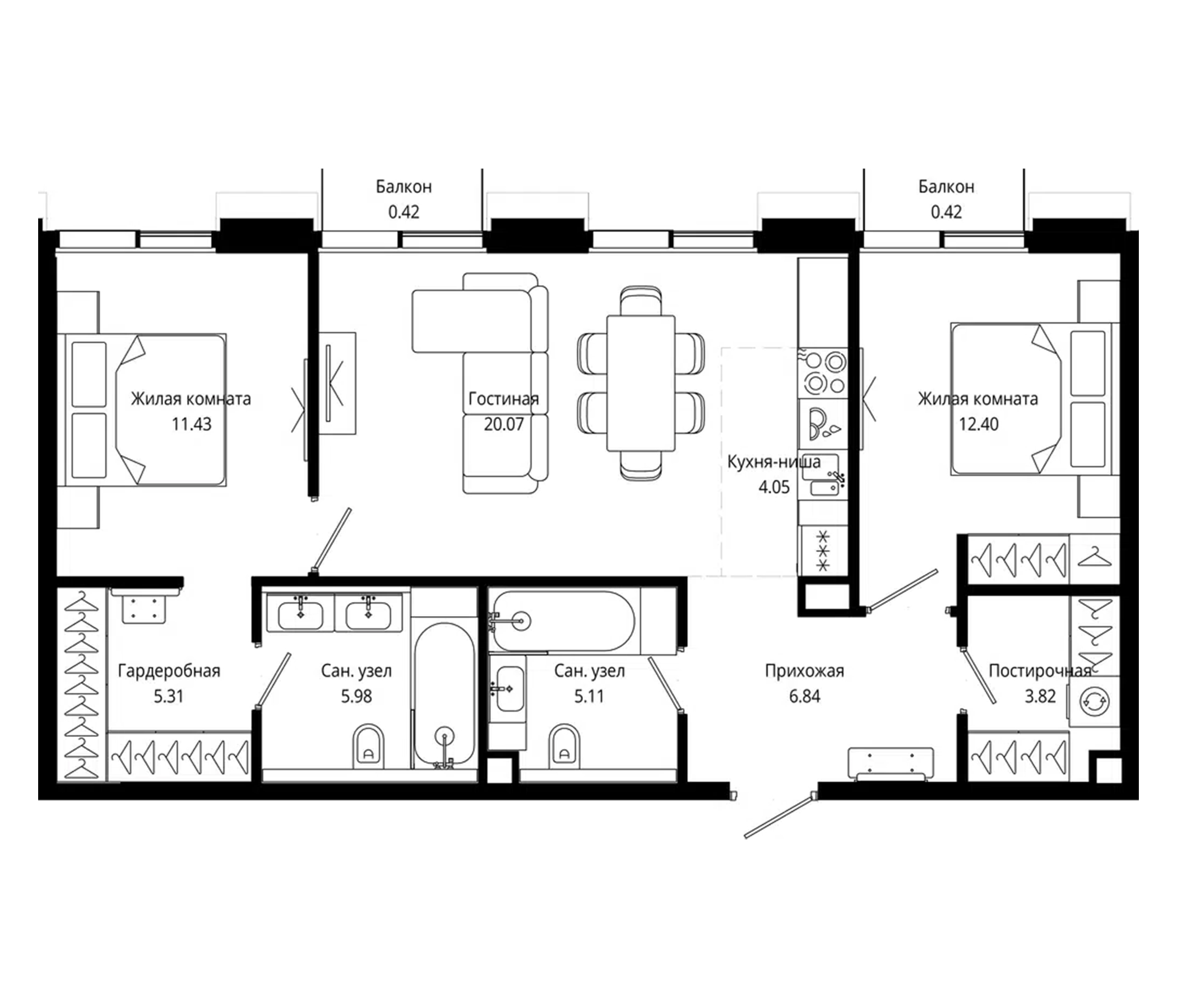 Планировка — Мод, 3-комн., 75 м²