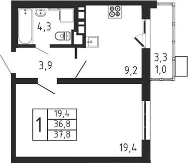 Планировка — Пироговская ривьера, 1-комн., 37 м²