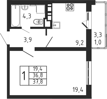 Планировка — Пироговская ривьера, 1-комн., 37 м²