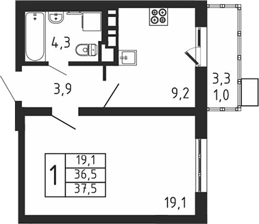 Планировка — Пироговская ривьера, 1-комн., 37 м²