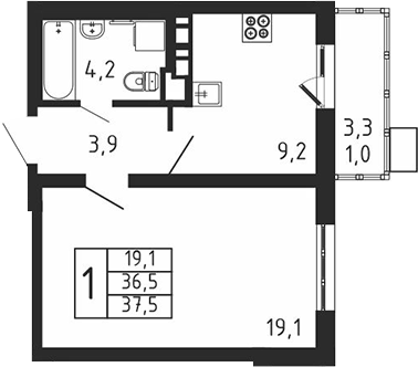 Планировка — Пироговская ривьера, 1-комн., 37 м²