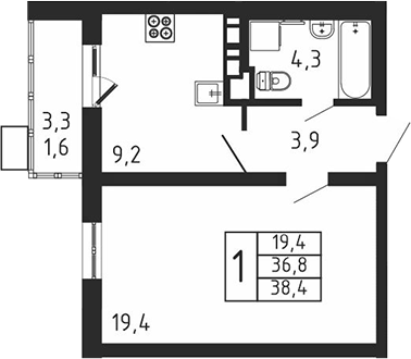 Планировка — Пироговская ривьера, 1-комн., 37 м²
