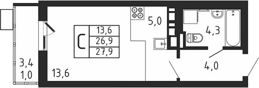 Планировка — Пироговская ривьера, Студия, 27 м²