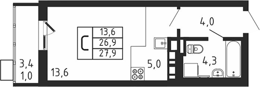 Планировка — Пироговская ривьера, Студия, 27 м²
