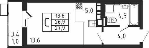 Планировка — Пироговская ривьера, Студия, 27 м²