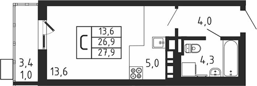 Планировка — Пироговская ривьера, Студия, 27 м²