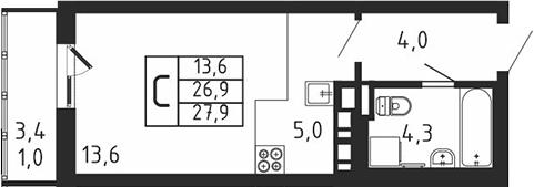 Планировка — Пироговская ривьера, Студия, 27 м²