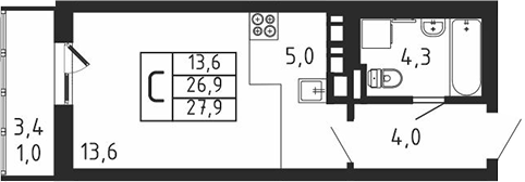 Планировка — Пироговская ривьера, Студия, 27 м²
