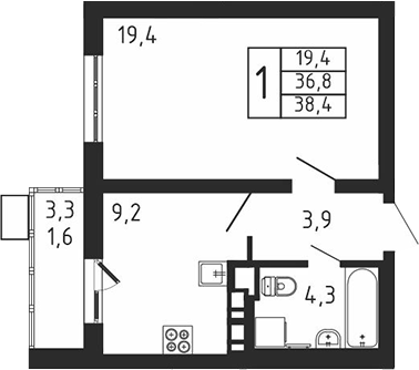 Планировка — Пироговская ривьера, 1-комн., 37 м²