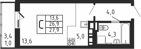 Планировка — Пироговская ривьера, Студия, 27 м²