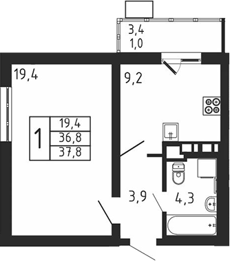 Планировка — Пироговская ривьера, 1-комн., 37 м²