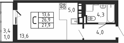 Планировка — Пироговская ривьера, Студия, 27 м²