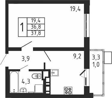 Планировка — Пироговская ривьера, 1-комн., 37 м²
