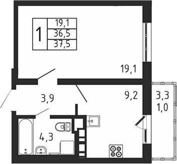 Планировка — Пироговская ривьера, 1-комн., 37 м²