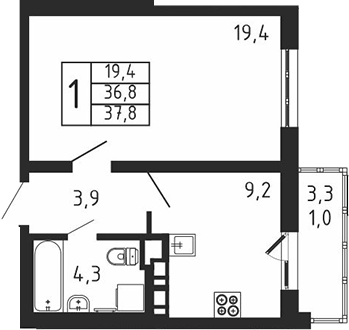 Планировка — Пироговская ривьера, 1-комн., 37 м²