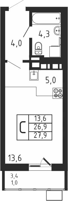 Планировка — Пироговская ривьера, Студия, 27 м²