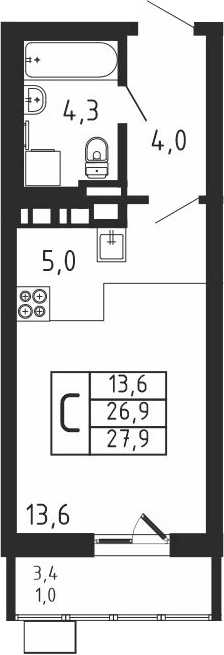 Планировка — Пироговская ривьера, Студия, 27 м²