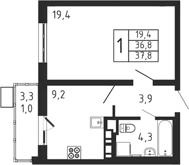 Планировка — Пироговская ривьера, 1-комн., 37 м²