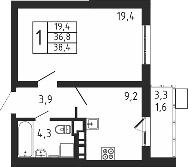 Планировка — Пироговская ривьера, 1-комн., 37 м²