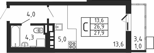 Планировка — Пироговская ривьера, Студия, 27 м²