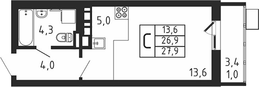 Планировка — Пироговская ривьера, Студия, 27 м²