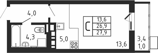 Планировка — Пироговская ривьера, Студия, 27 м²