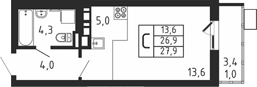 Планировка — Пироговская ривьера, Студия, 27 м²