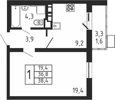 Планировка — Пироговская ривьера, 1-комн., 37 м²