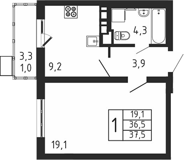 Планировка — Пироговская ривьера, 1-комн., 37 м²