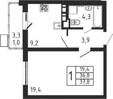 Планировка — Пироговская ривьера, 1-комн., 37 м²