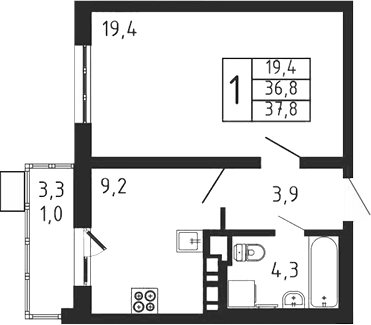 Планировка — Пироговская ривьера, 1-комн., 37 м²