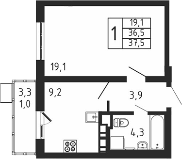 Планировка — Пироговская ривьера, 1-комн., 37 м²